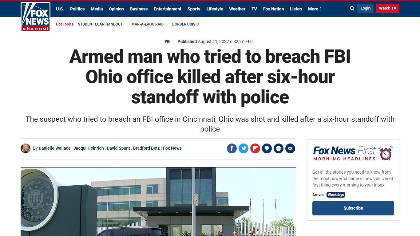 Armed man who tried to breach FBI Ohio office killed after six-hour ...