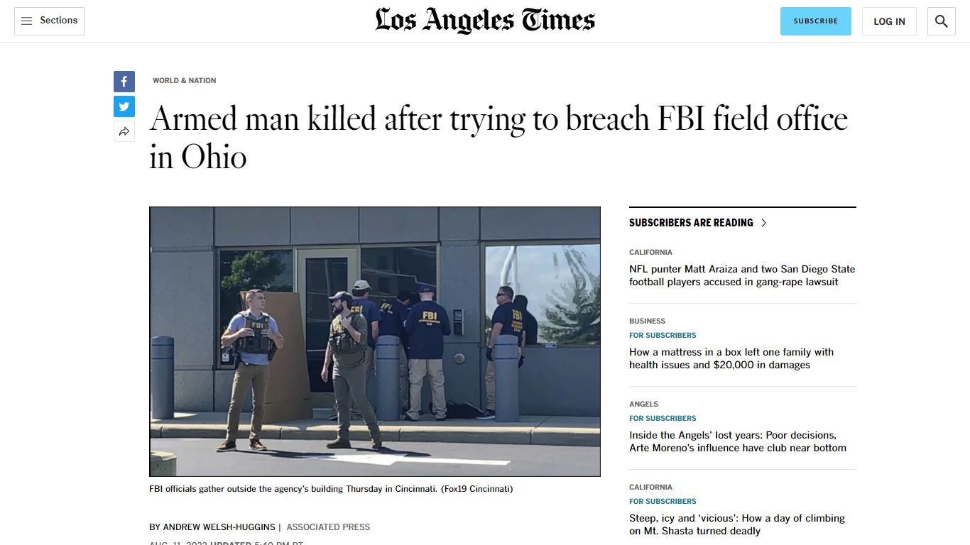 Armed man killed after trying to breach FBI field office in Ohio